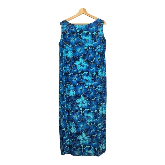 Vintage Hawaiian Floral Blue Sleeveless maxi Dress - Picture 3 of 5